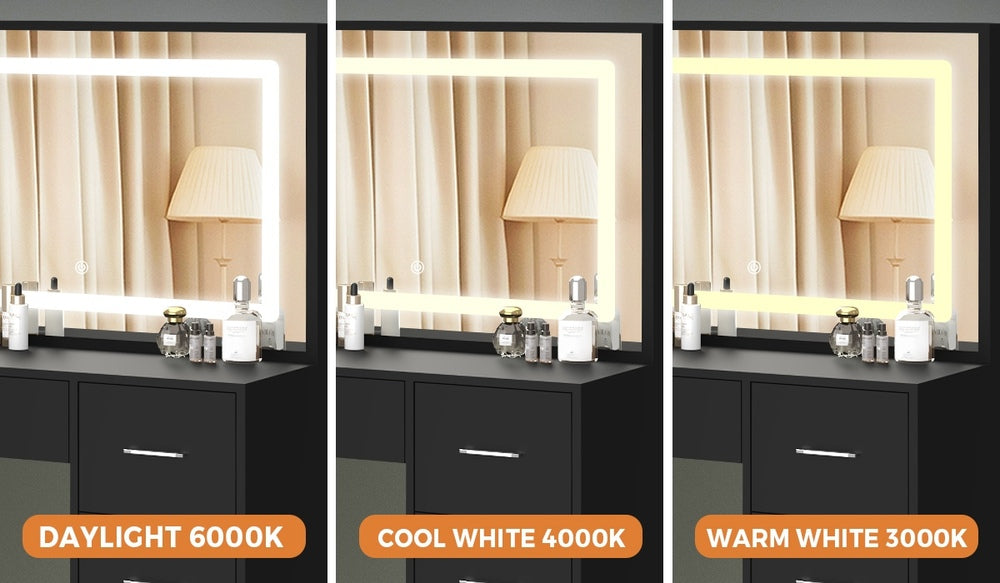 Oikiture Dressing Table Stool Set Large Mirror LED Light Black-Dressing Table-PEROZ Accessories