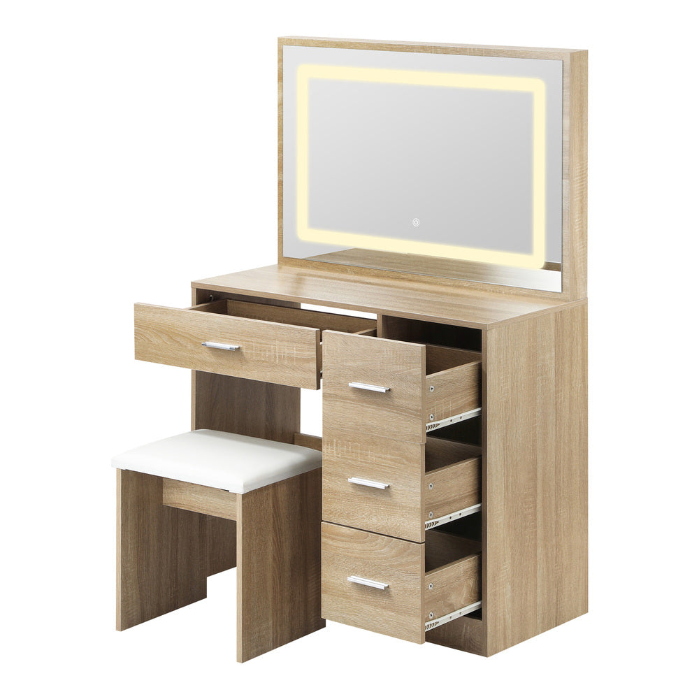 Oikiture Dressing Table Stool Set Large Mirror LED Light Natural-Dressing Table-PEROZ Accessories