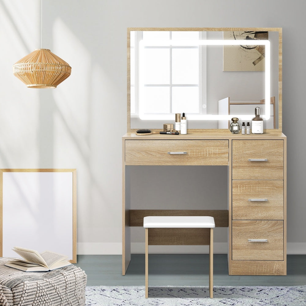 Oikiture Dressing Table Stool Set Large Mirror LED Light Natural-Dressing Table-PEROZ Accessories