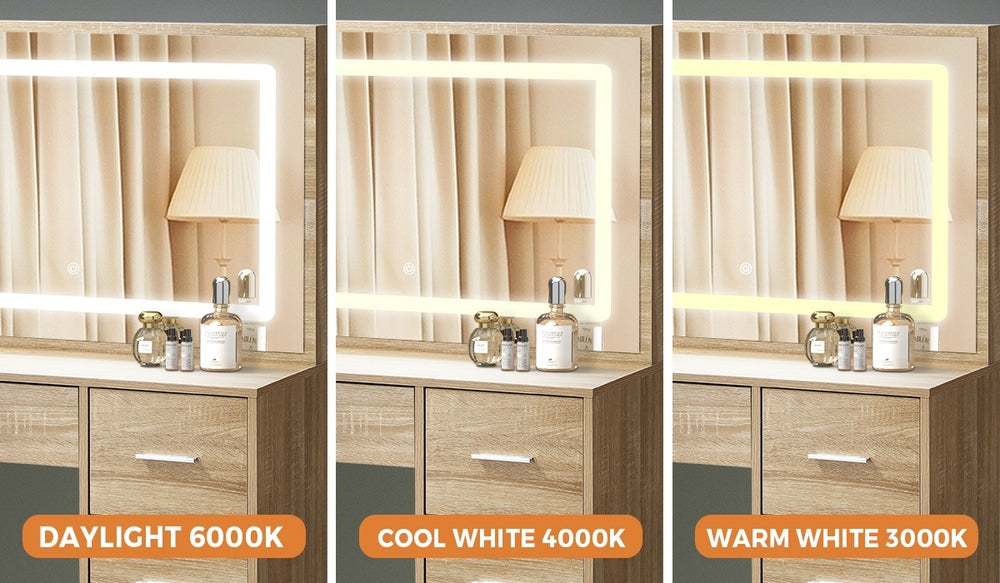 Oikiture Dressing Table Stool Set Large Mirror LED Light Natural-Dressing Table-PEROZ Accessories
