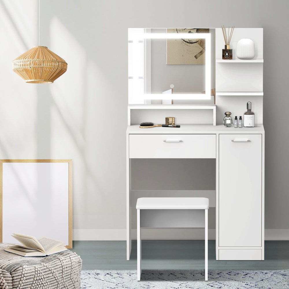 Oikiture Dressing Table Stool Set LED Light Large Cabinet White-Dressing Table-PEROZ Accessories