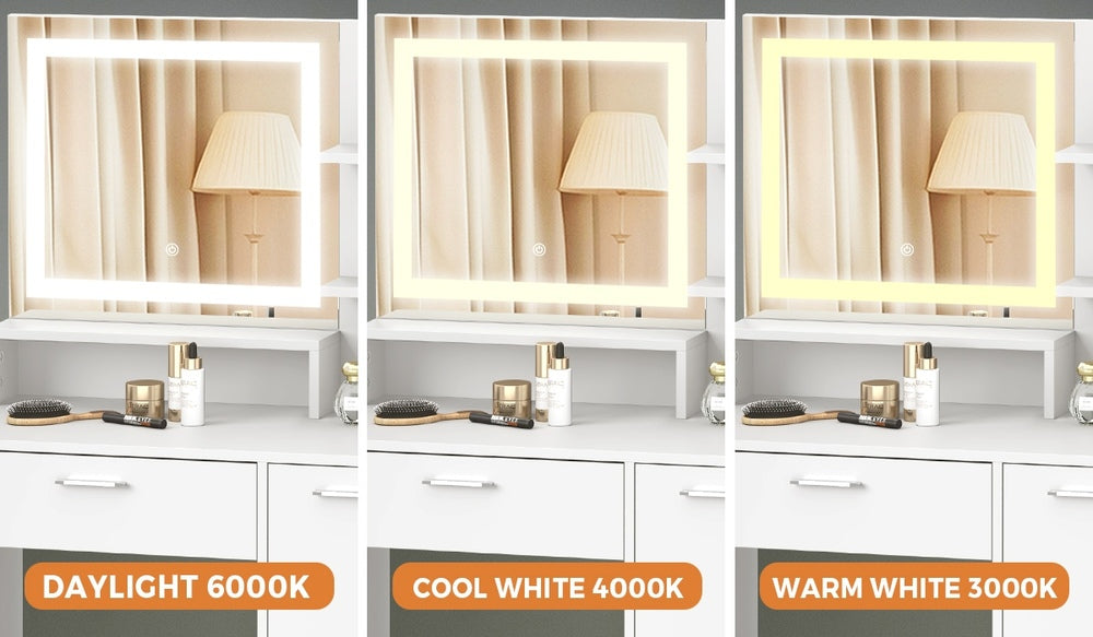 Oikiture Dressing Table Stool Set LED Light Large Cabinet White-Dressing Table-PEROZ Accessories