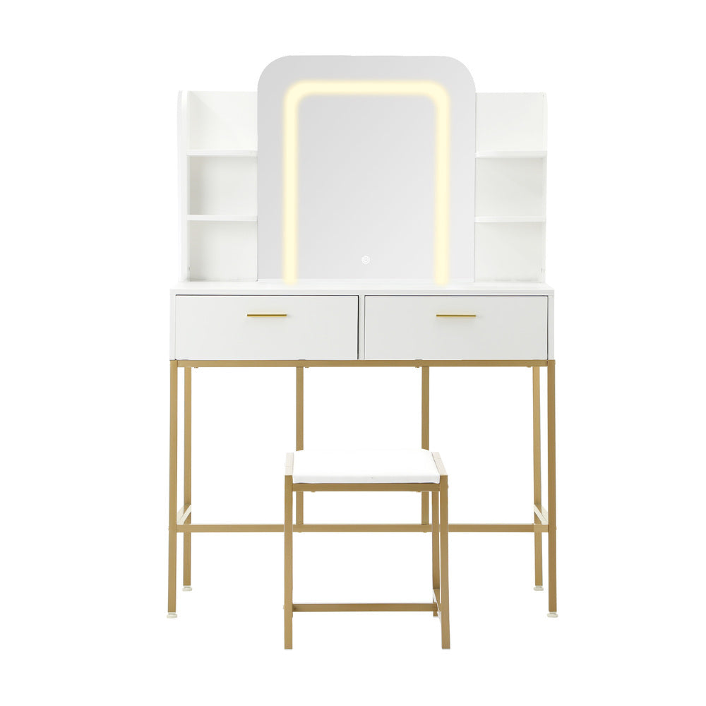 Oikiture Dressing Table Stool Set LED Mirror Vanity Desk White Gold-Dressing Table-PEROZ Accessories