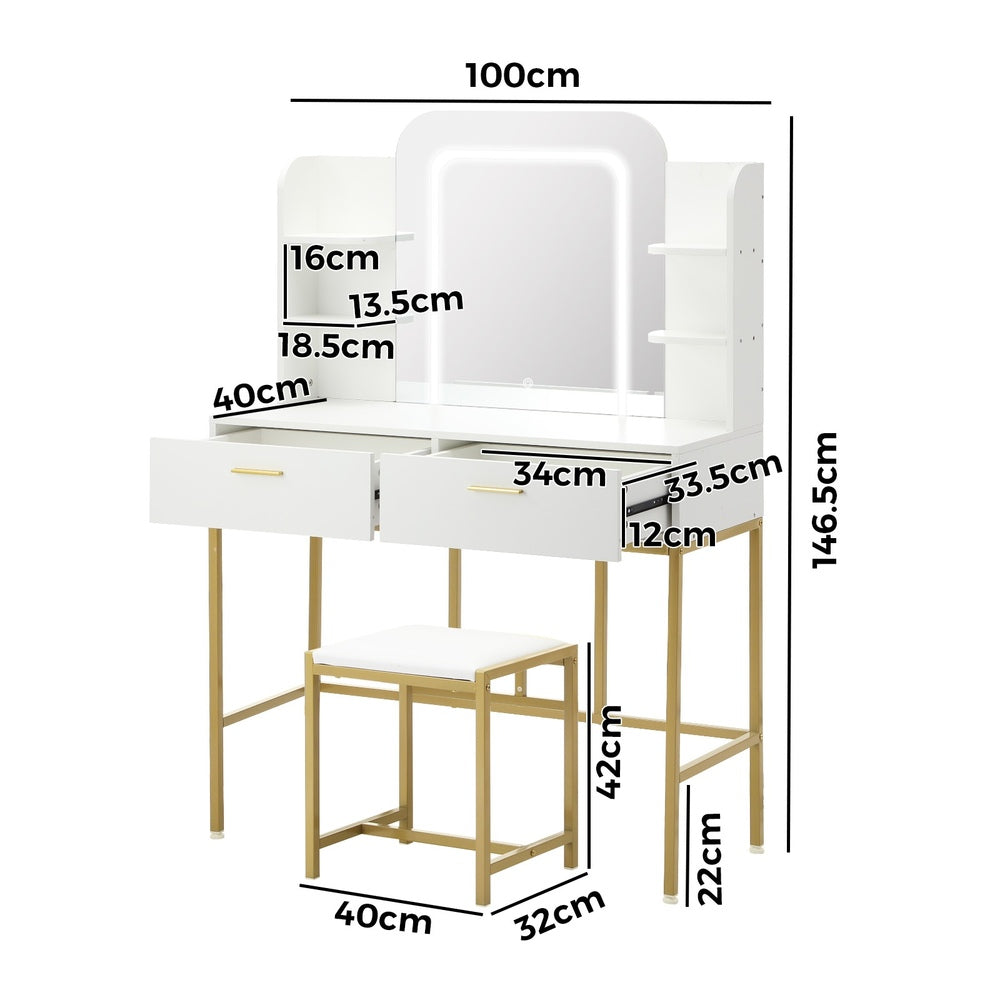 Oikiture Dressing Table Stool Set LED Mirror Vanity Desk White Gold-Dressing Table-PEROZ Accessories