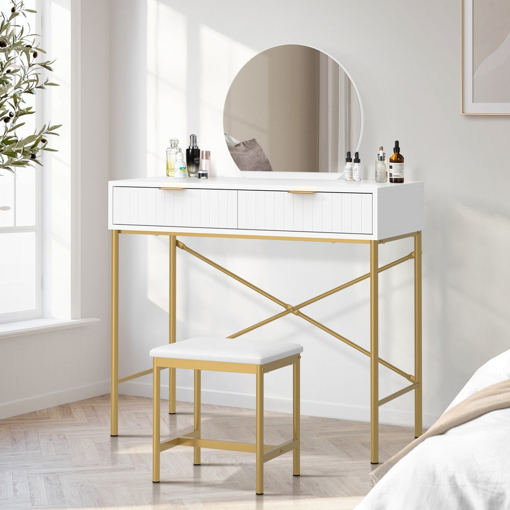 Oikiture Dressing Table Stool Set with Mirror 2 Drawers White & Gold-Dressing Tables-PEROZ Accessories