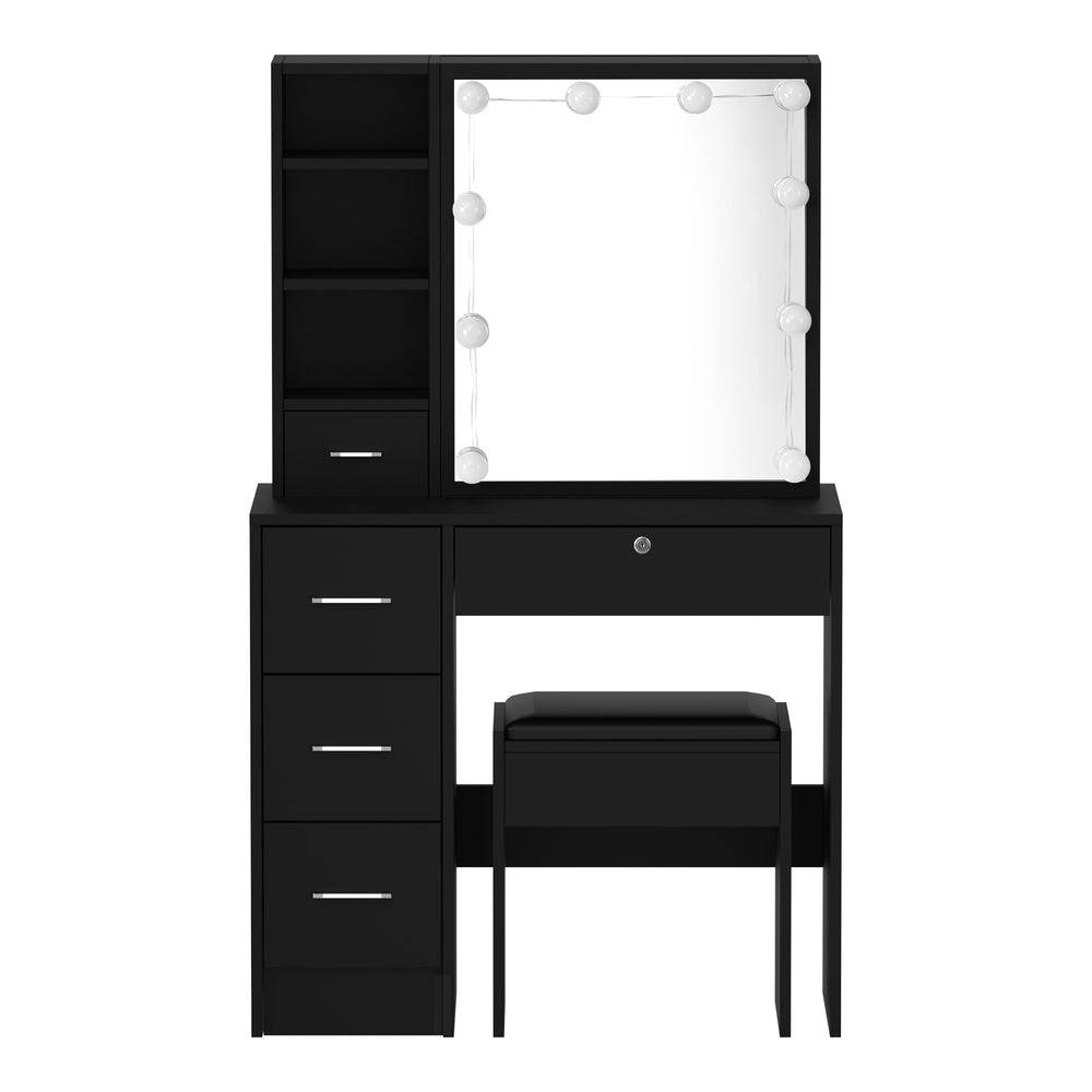 Oikiture Dressing Table Stool Set Makeup Slide Mirror Drawer 10 LED Bulbs Black-Dressing Table-PEROZ Accessories