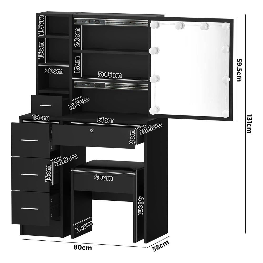 Oikiture Dressing Table Stool Set Makeup Slide Mirror Drawer 10 LED Bulbs Black-Dressing Table-PEROZ Accessories