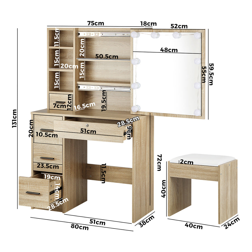 Oikiture Dressing Table Stool Set Makeup Slide Mirror Drawer 10 LED Bulbs Wooden-Dressing Tables-PEROZ Accessories