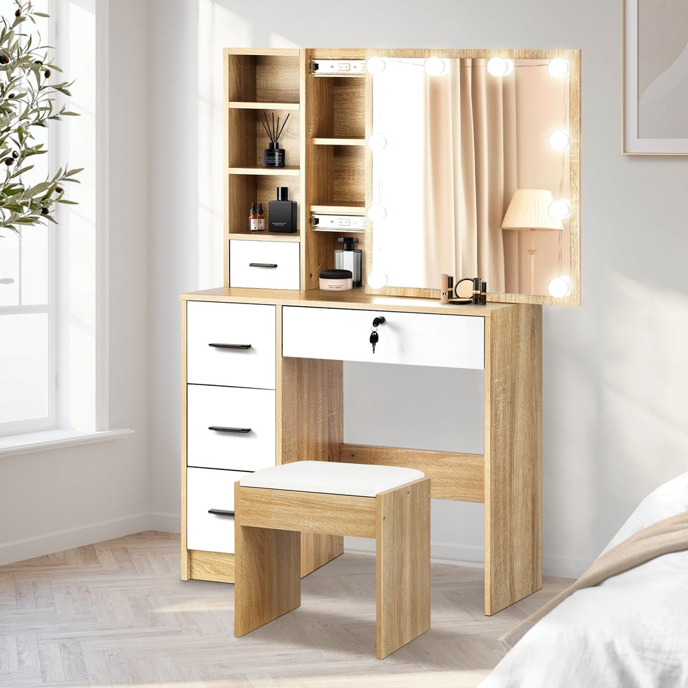 Oikiture Dressing Table Stool Set Slide Mirror LED Bulbs Wooden White-Dressing Table-PEROZ Accessories