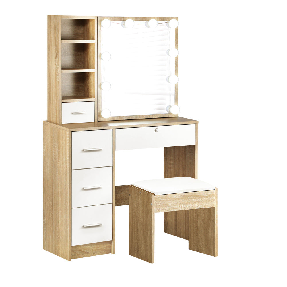 Oikiture Dressing Table Stool Set Slide Mirror LED Bulbs Wooden White-Dressing Table-PEROZ Accessories