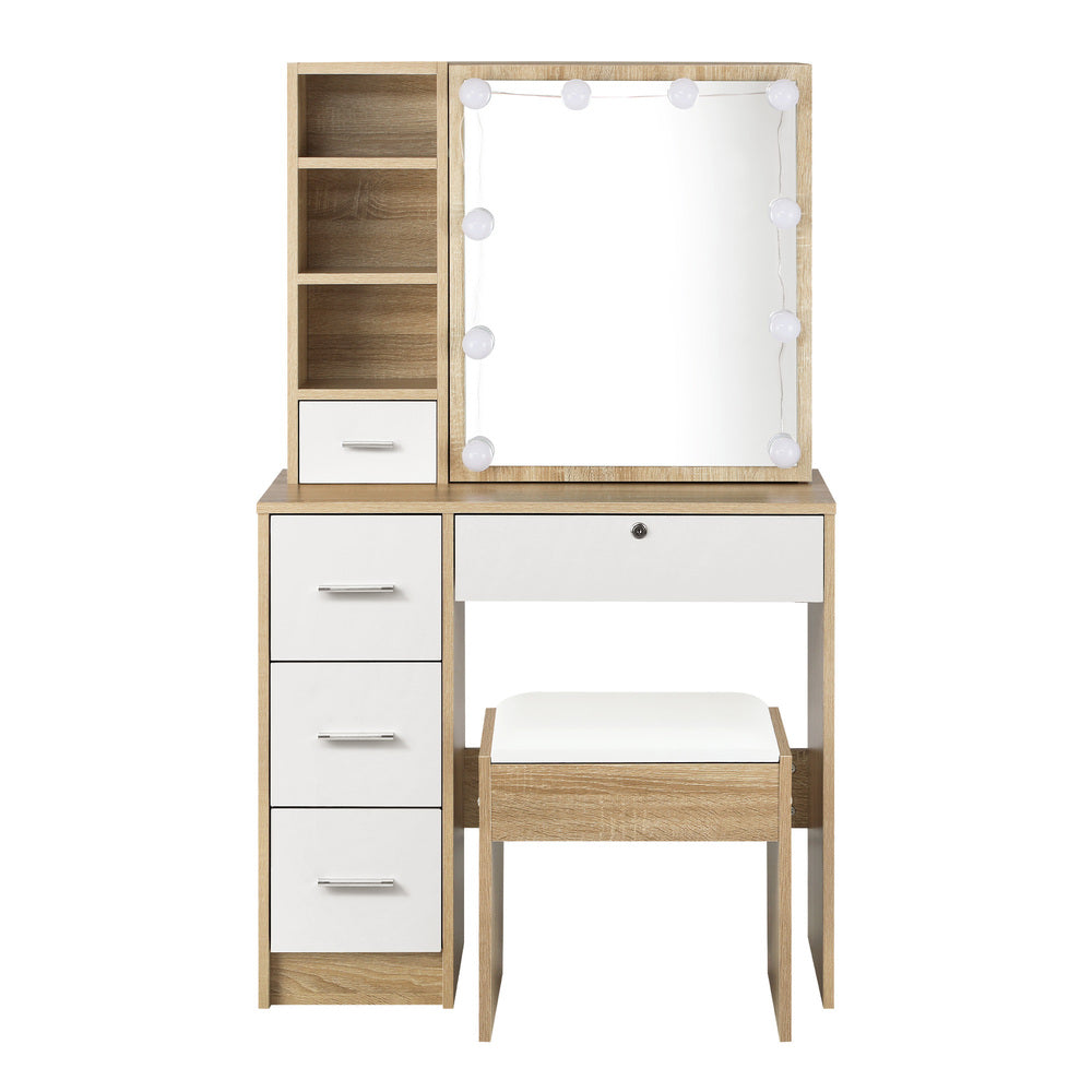 Oikiture Dressing Table Stool Set Slide Mirror LED Bulbs Wooden White-Dressing Table-PEROZ Accessories