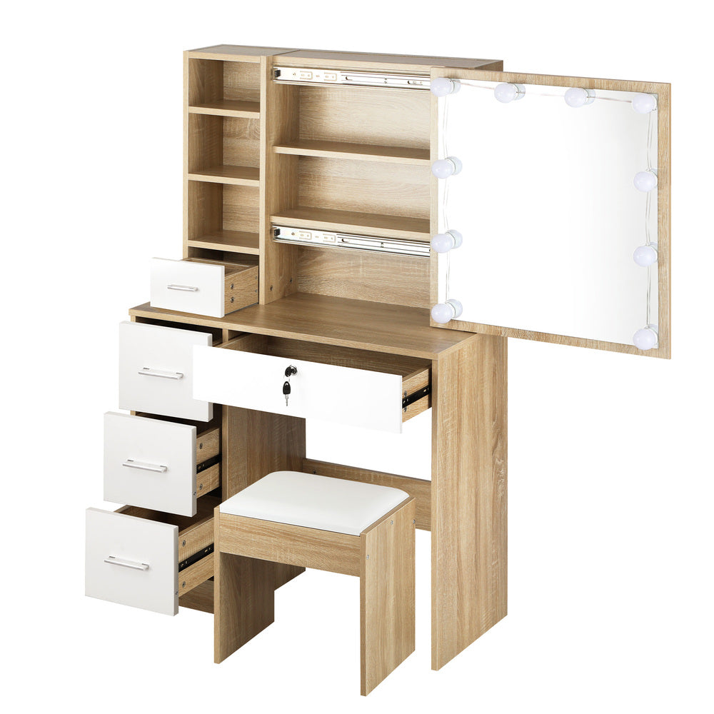 Oikiture Dressing Table Stool Set Slide Mirror LED Bulbs Wooden White-Dressing Table-PEROZ Accessories
