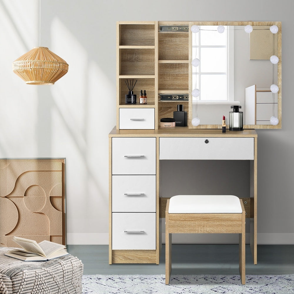 Oikiture Dressing Table Stool Set Slide Mirror LED Bulbs Wooden White-Dressing Table-PEROZ Accessories
