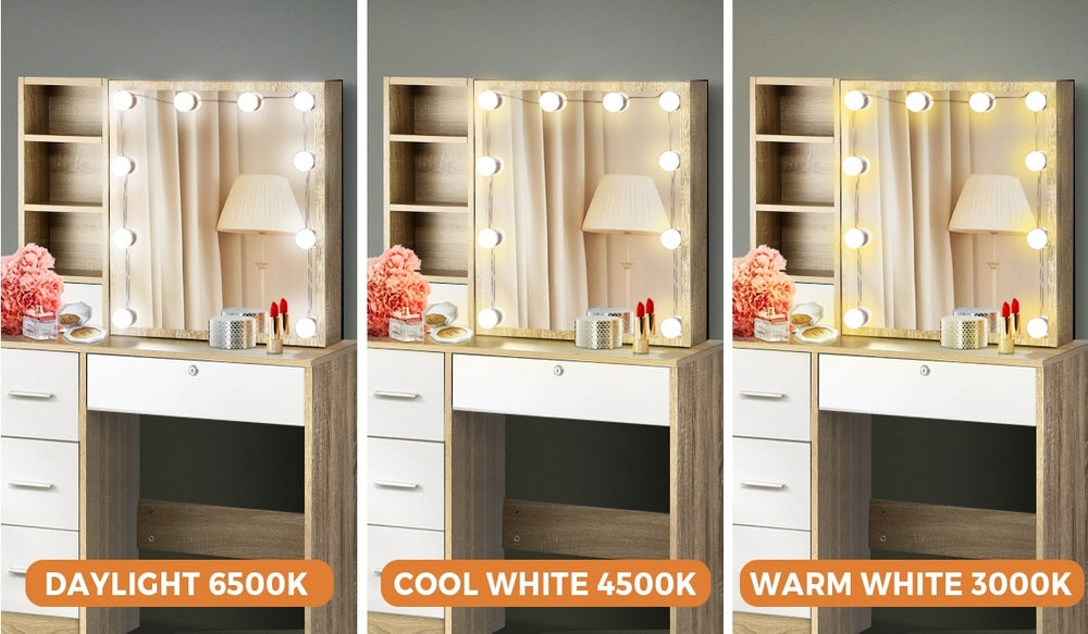 Oikiture Dressing Table Stool Set Slide Mirror LED Bulbs Wooden White-Dressing Table-PEROZ Accessories