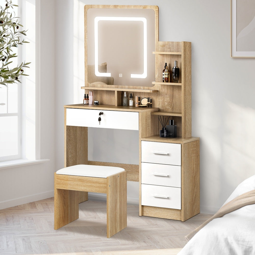 Oikiture Dressing Table Stool Set LED Light Mirror Wooden White-Dressing Table-PEROZ Accessories