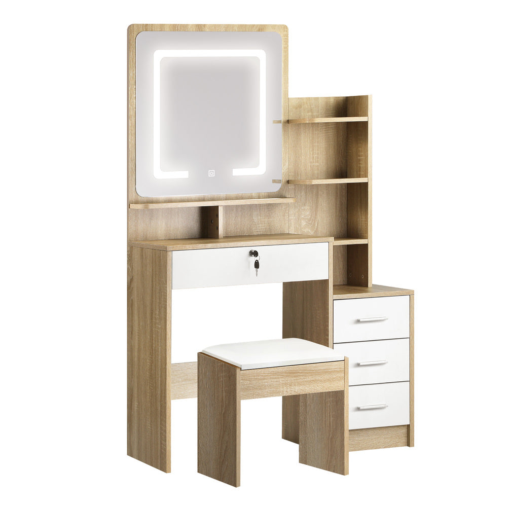 Oikiture Dressing Table Stool Set LED Light Mirror Wooden White-Dressing Table-PEROZ Accessories