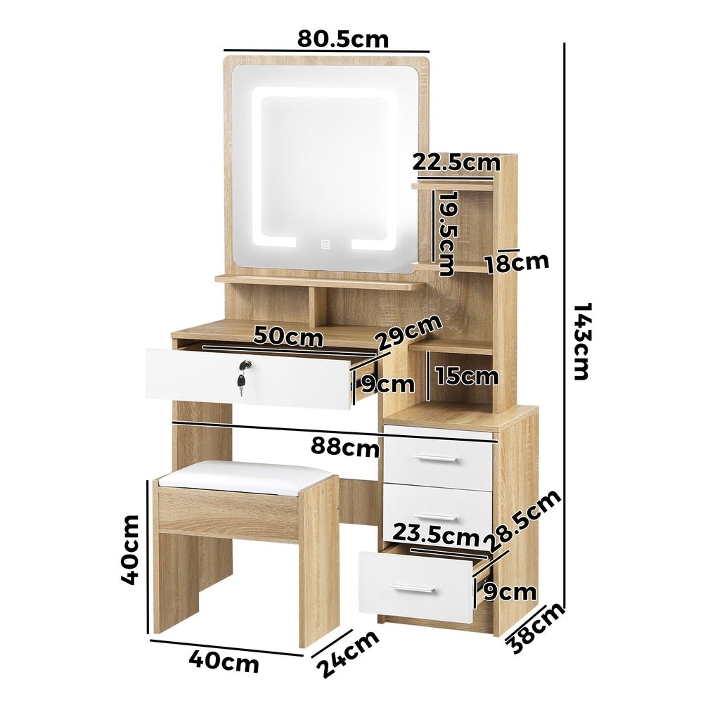 Oikiture Dressing Table Stool Set LED Light Mirror Wooden White-Dressing Table-PEROZ Accessories