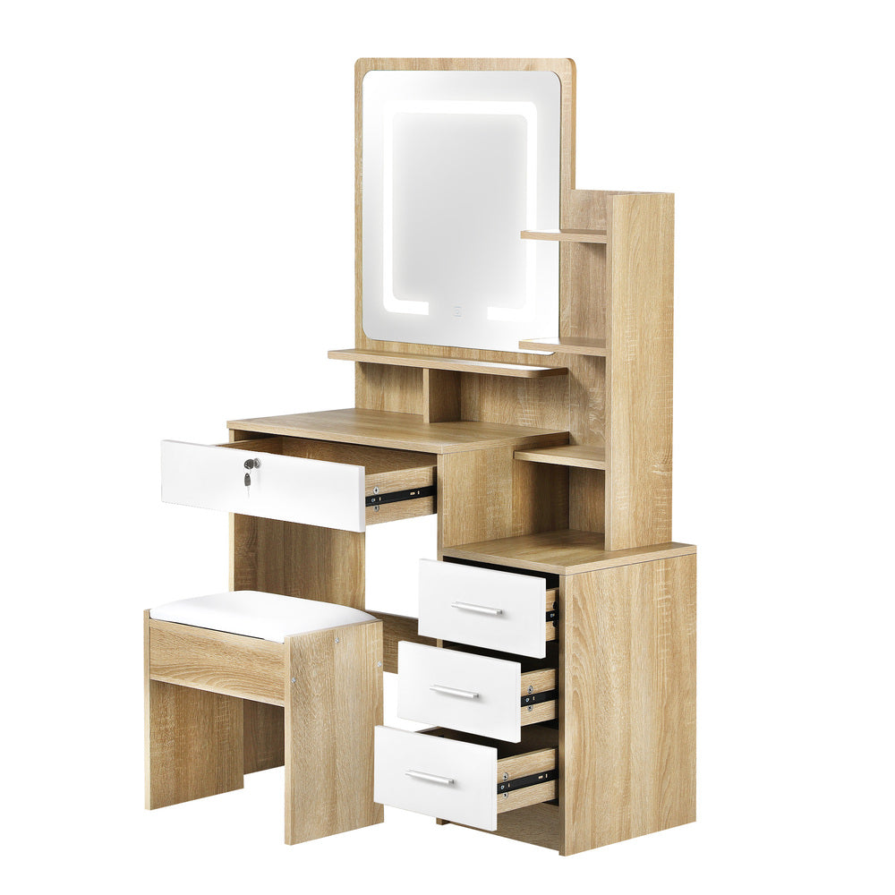 Oikiture Dressing Table Stool Set LED Light Mirror Wooden White-Dressing Table-PEROZ Accessories