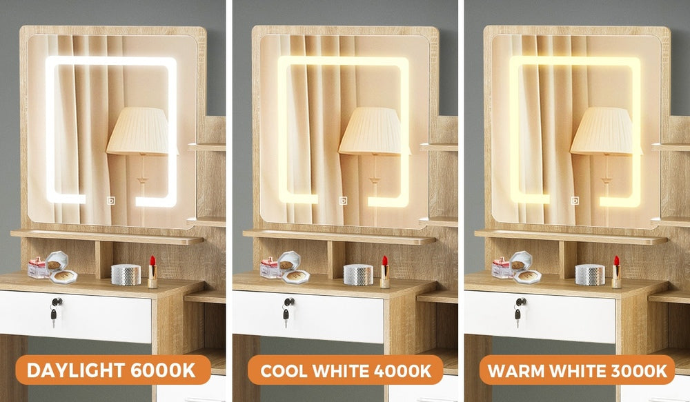 Oikiture Dressing Table Stool Set LED Light Mirror Wooden White-Dressing Table-PEROZ Accessories