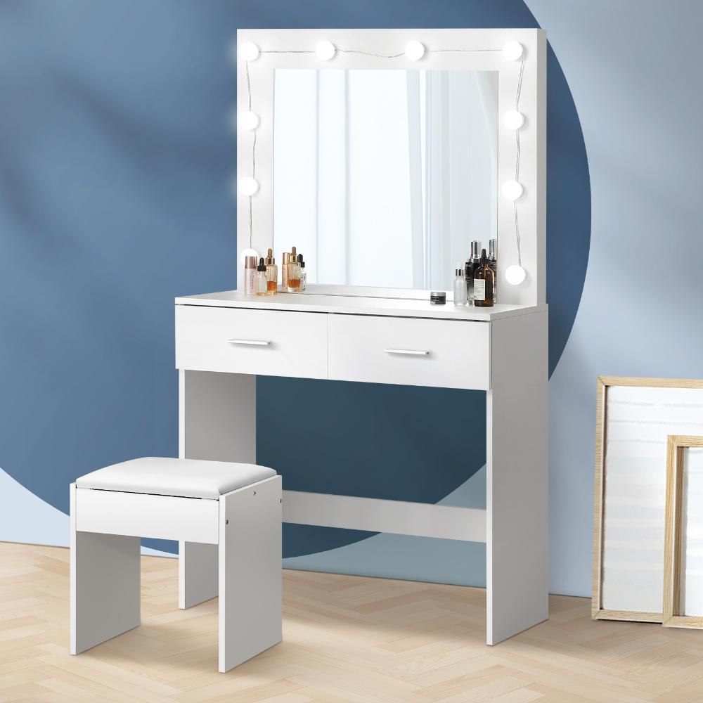 Oikiture Dressing Table Stool Set Makeup Mirror Storage Desk 10 LED Bulbs White-Dressing Tables-PEROZ Accessories
