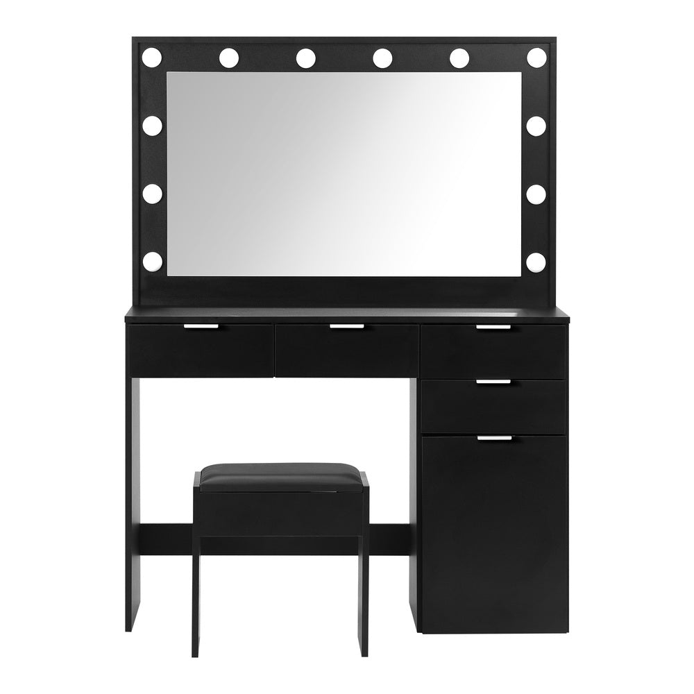 Oikiture Dressing Table Stool Set Makeup Large Mirror Dresser 12 LED Bulbs Black-Dressing Tables-PEROZ Accessories