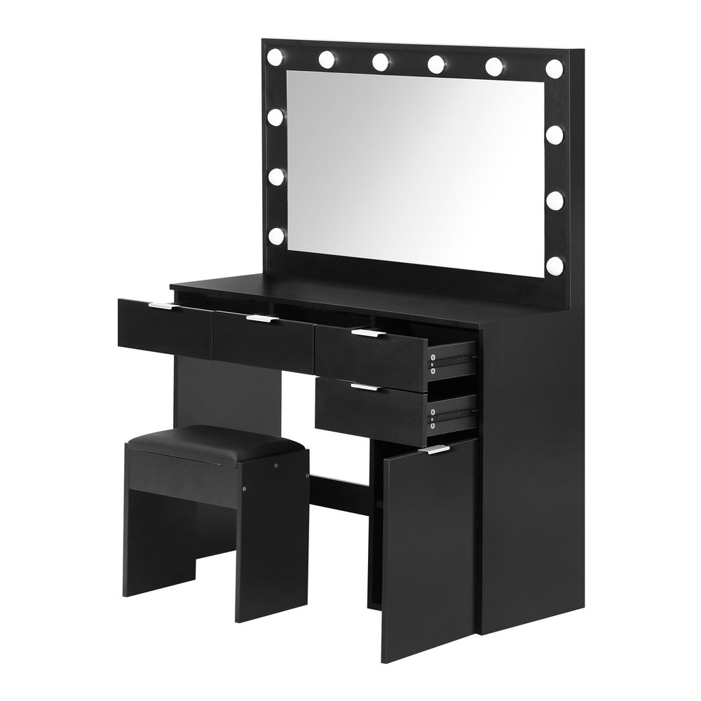 Oikiture Dressing Table Stool Set Makeup Large Mirror Dresser 12 LED Bulbs Black-Dressing Tables-PEROZ Accessories