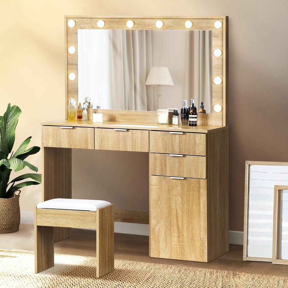 Oikiture Dressing Table Stool Set Makeup Large Mirror Dresser 12 LED Bulbs Oak-Dressing Tables-PEROZ Accessories