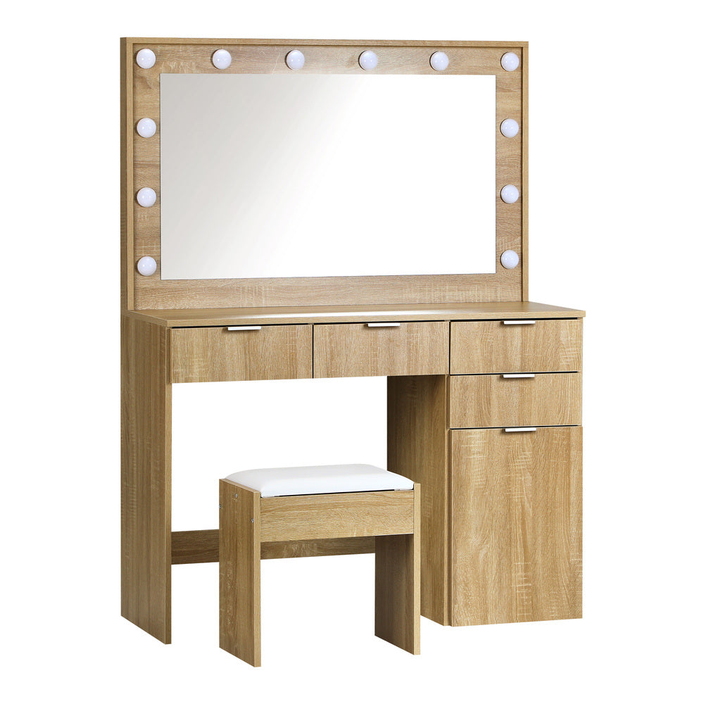 Oikiture Dressing Table Stool Set Makeup Large Mirror Dresser 12 LED Bulbs Oak-Dressing Tables-PEROZ Accessories