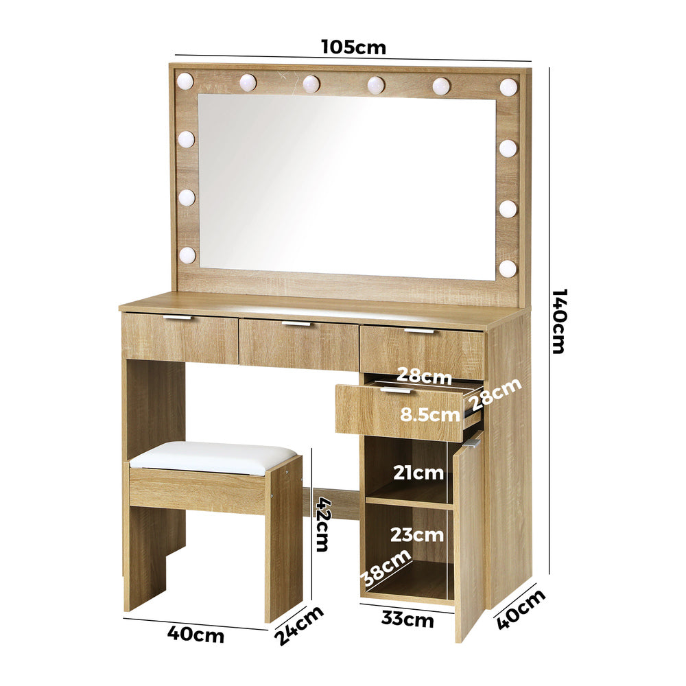 Oikiture Dressing Table Stool Set Makeup Large Mirror Dresser 12 LED Bulbs Oak-Dressing Tables-PEROZ Accessories
