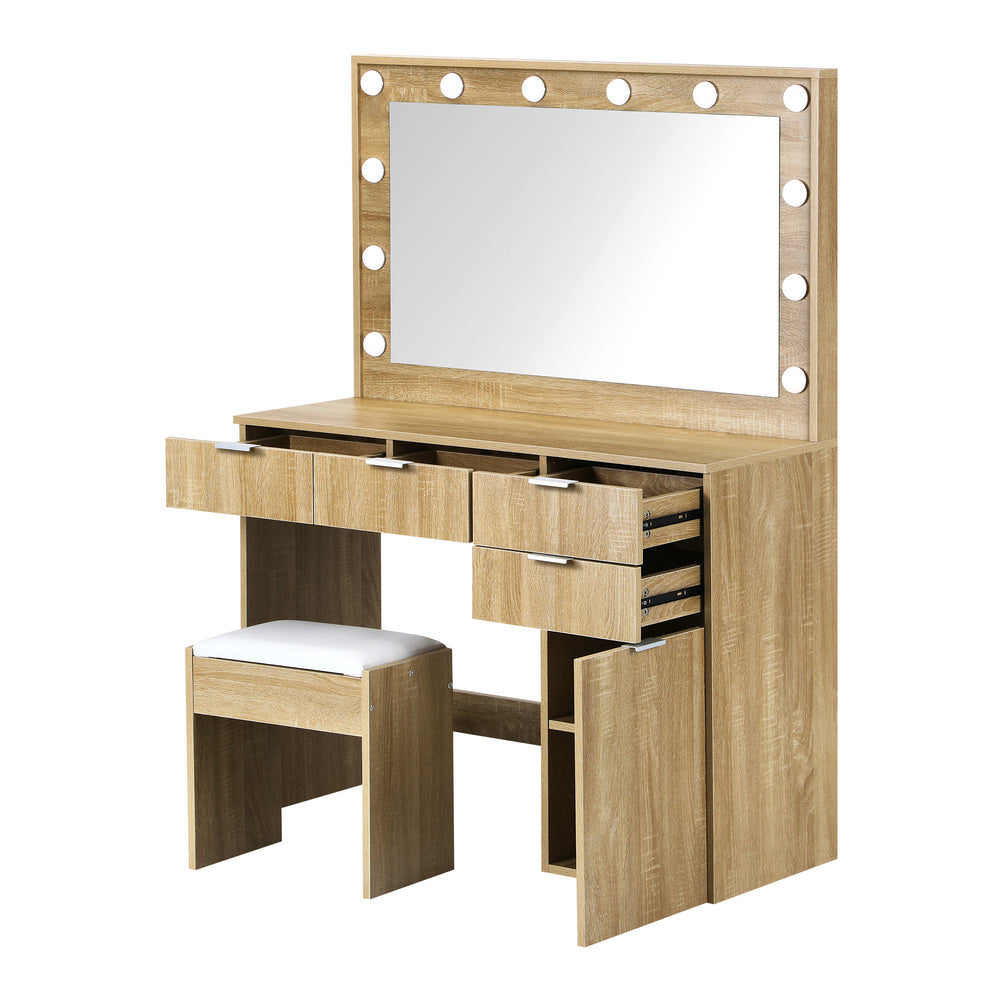 Oikiture Dressing Table Stool Set Makeup Large Mirror Dresser 12 LED Bulbs Oak-Dressing Tables-PEROZ Accessories
