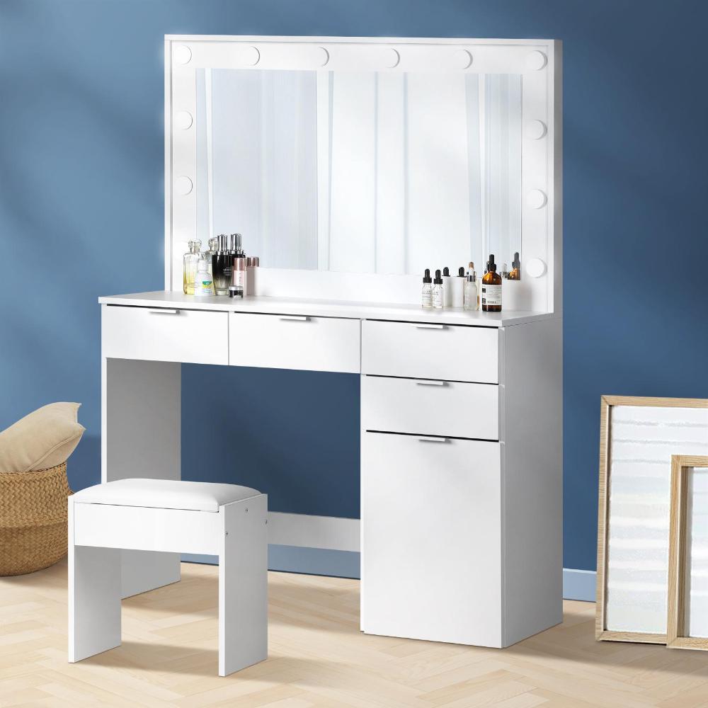 Oikiture Dressing Table Stool Set Makeup Large Mirror Dresser 12 LED Bulbs White-Dressing Tables-PEROZ Accessories