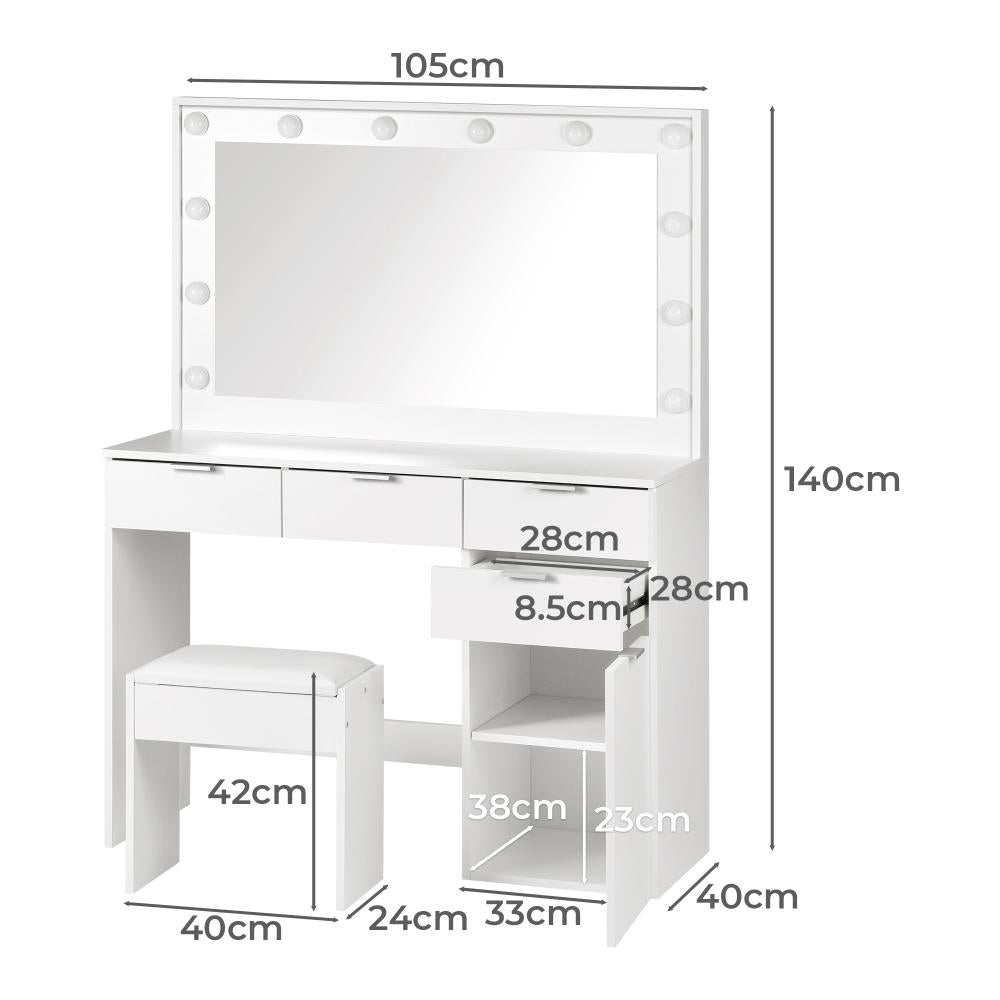 Oikiture Dressing Table Stool Set Makeup Large Mirror Dresser 12 LED Bulbs White-Dressing Tables-PEROZ Accessories