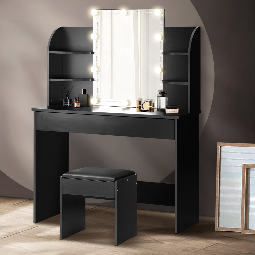 Oikiture Dressing Table Stool Set Makeup Mirror Storage Drawer 10LED Bulbs Black-Dressing Tables-PEROZ Accessories