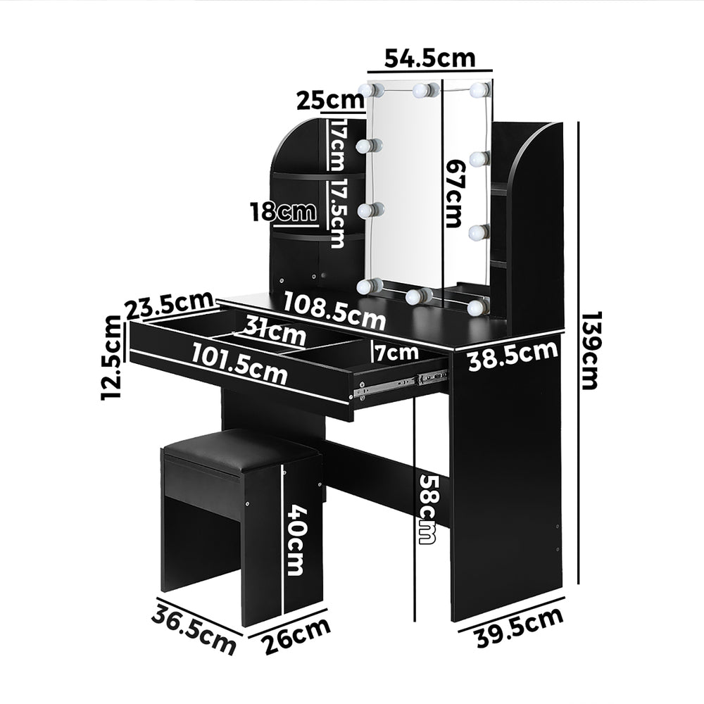 Oikiture Dressing Table Stool Set Makeup Mirror Storage Drawer 10LED Bulbs Black-Dressing Tables-PEROZ Accessories