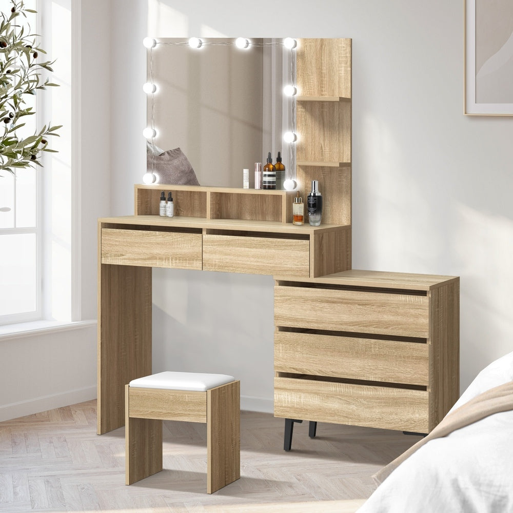 Oikiture Dressing Table Stool Set 10 LED Bulbs Natural-Dressing Table-PEROZ Accessories