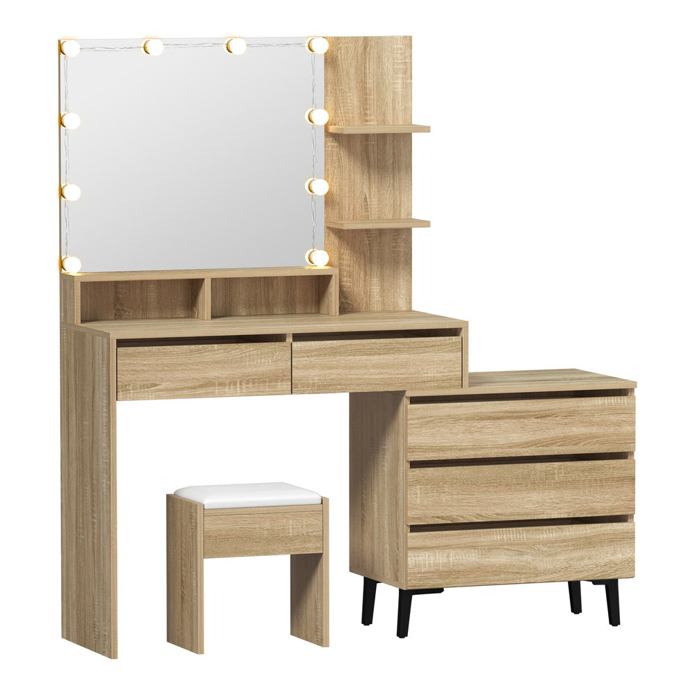 Oikiture Dressing Table Stool Set 10 LED Bulbs Natural-Dressing Table-PEROZ Accessories