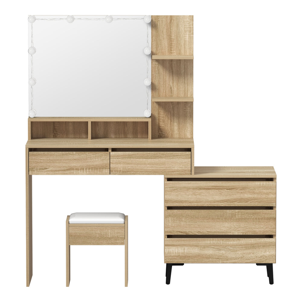 Oikiture Dressing Table Stool Set 10 LED Bulbs Natural-Dressing Table-PEROZ Accessories