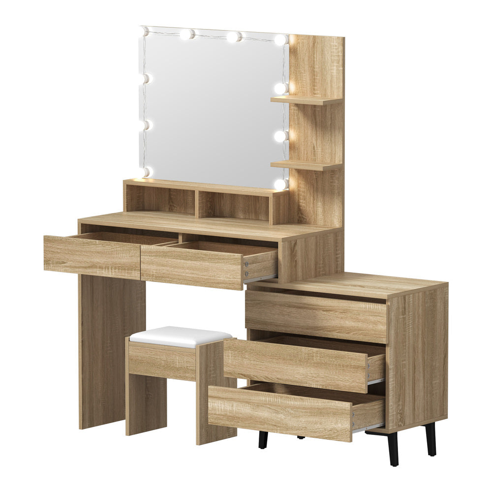 Oikiture Dressing Table Stool Set 10 LED Bulbs Natural-Dressing Table-PEROZ Accessories