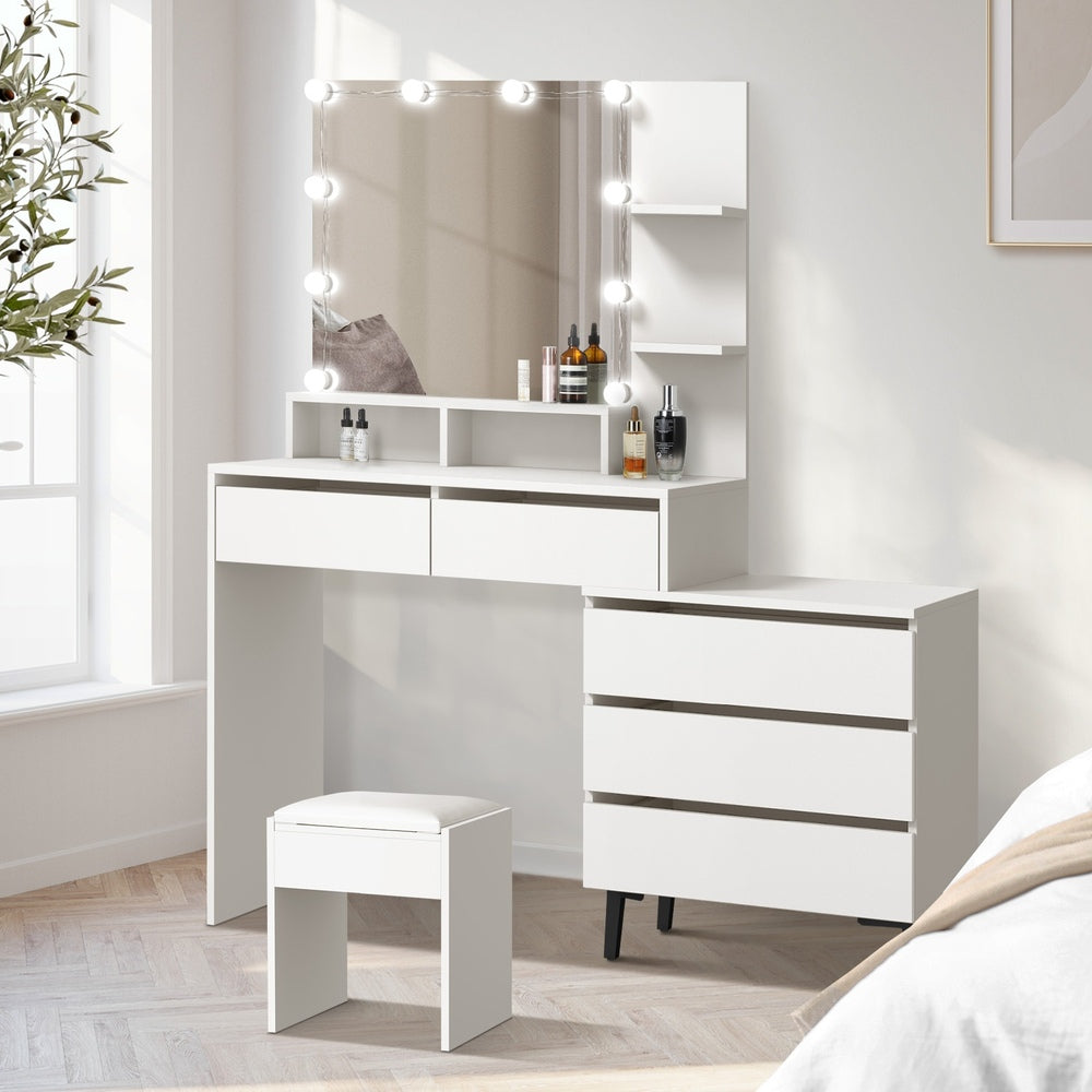 Oikiture Dressing Table Stool Set 10 LED Bulbs White-Dressing Table-PEROZ Accessories