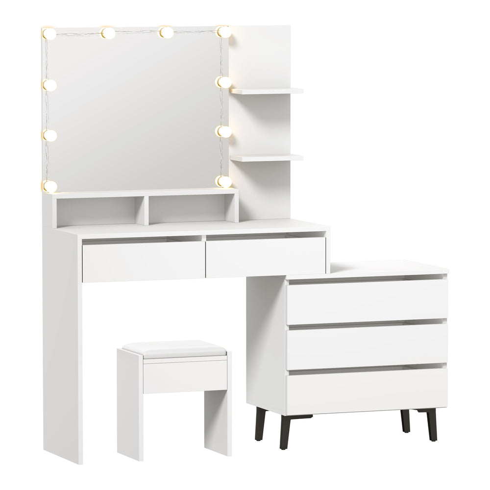 Oikiture Dressing Table Stool Set 10 LED Bulbs White-Dressing Table-PEROZ Accessories