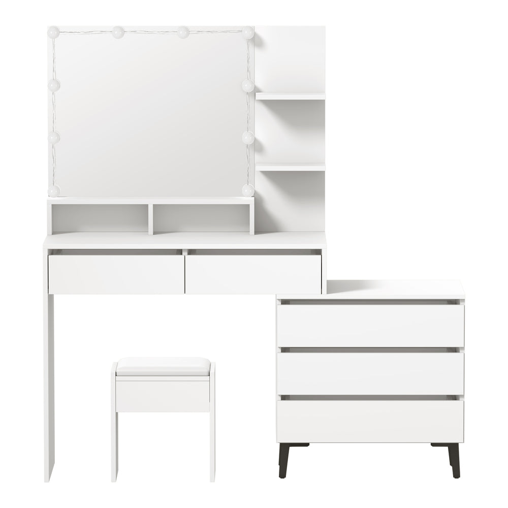 Oikiture Dressing Table Stool Set 10 LED Bulbs White-Dressing Table-PEROZ Accessories