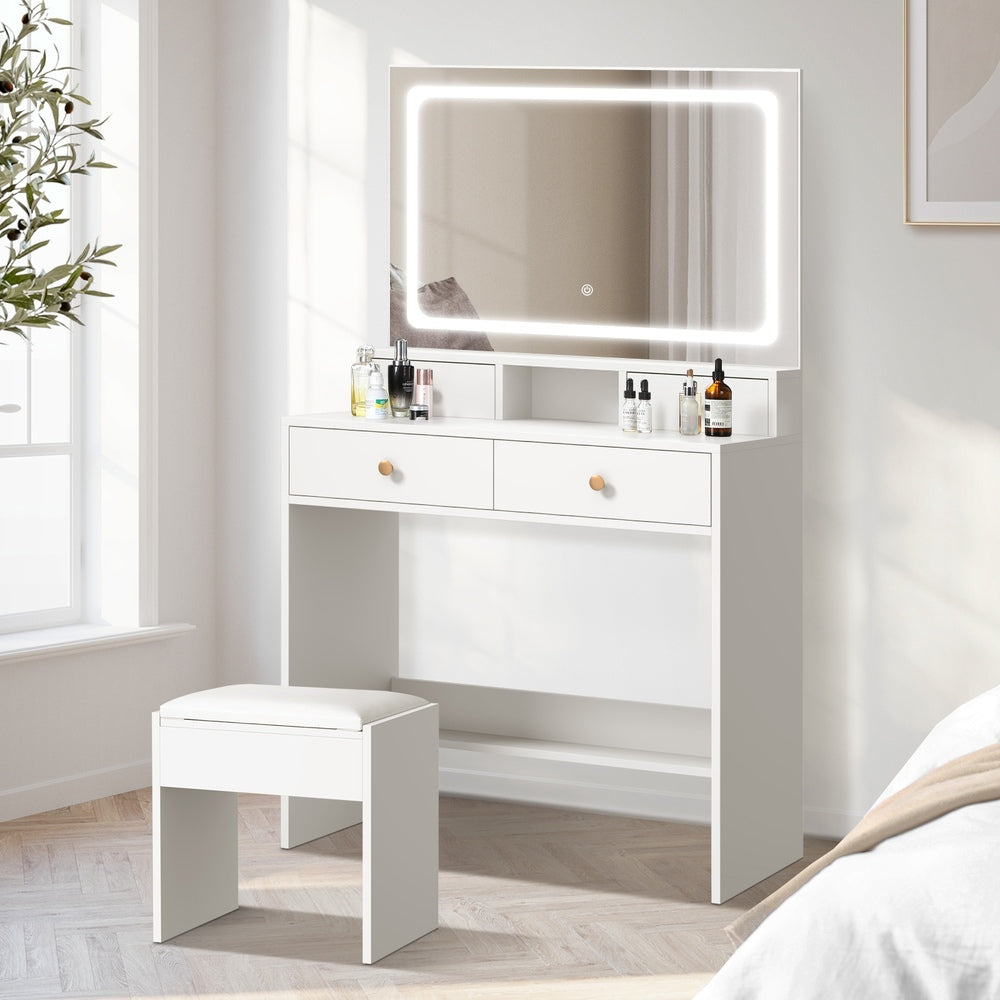 Oikiture Dressing Table Stool Set LED Mirror White-Dressing Table-PEROZ Accessories
