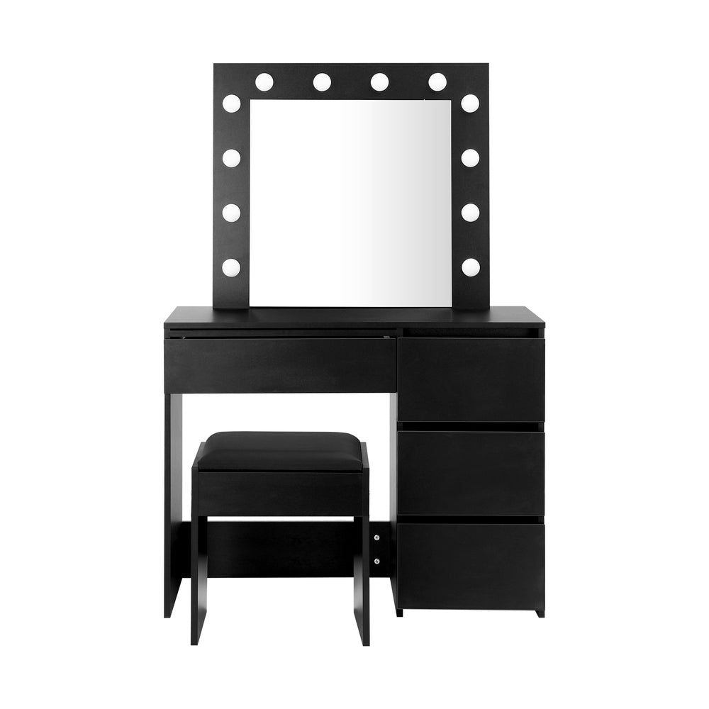 Oikiture Dressing Table Stool Set Makeup Desk Mirror Storage Drawer 12 LED Bulbs Black-Dressing Tables-PEROZ Accessories