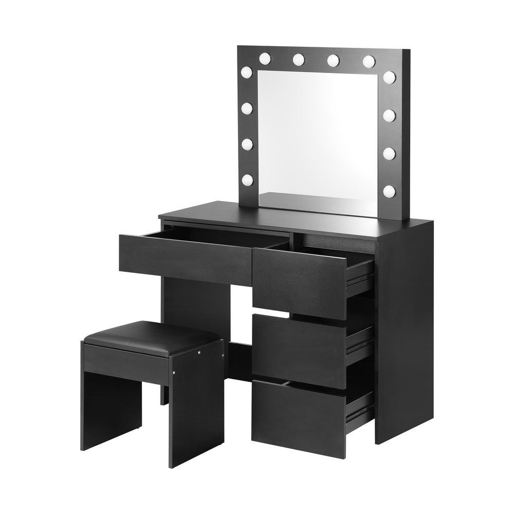 Oikiture Dressing Table Stool Set Makeup Desk Mirror Storage Drawer 12 LED Bulbs Black-Dressing Tables-PEROZ Accessories