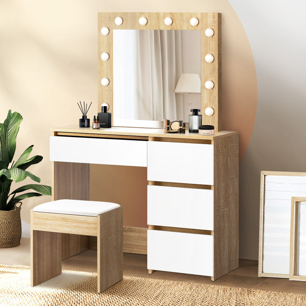 Oikiture Dressing Table Stool Set Makeup Desk Mirror Storage Drawer 12 LED Bulbs Wooden and White-Dressing Tables-PEROZ Accessories