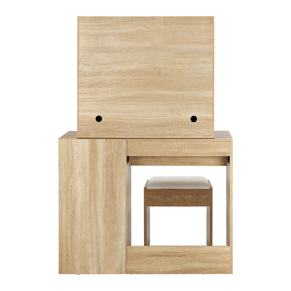 Oikiture Dressing Table Stool Set Makeup Desk Mirror Storage Drawer 12 LED Bulbs Wooden and White-Dressing Tables-PEROZ Accessories