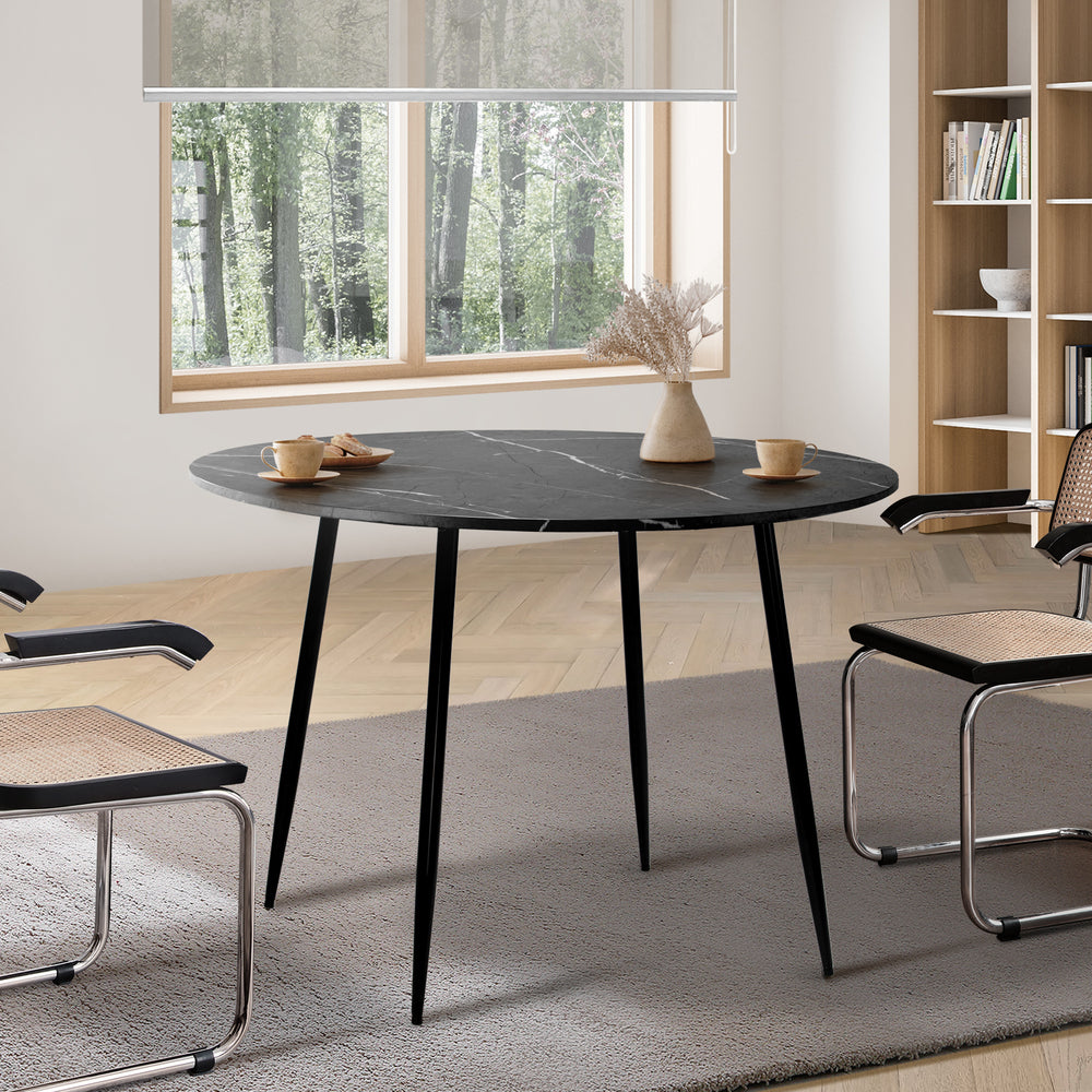 Oikiture 110cm Dining Table With Marble Effect Round Wooden Grey&Black-Dining Tables-PEROZ Accessories