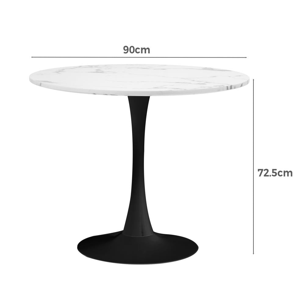 Oikiture 90cm Dining Table Kitchen Marble Tulip Round Metal Leg White&Black-Dining Table-PEROZ Accessories