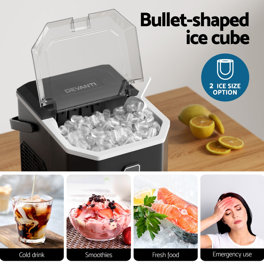 Devanti 12kg Ice Maker Machine 1.3L w/Scoop Holder Black-Appliances > Kitchen Appliances > Ice Makers-PEROZ Accessories