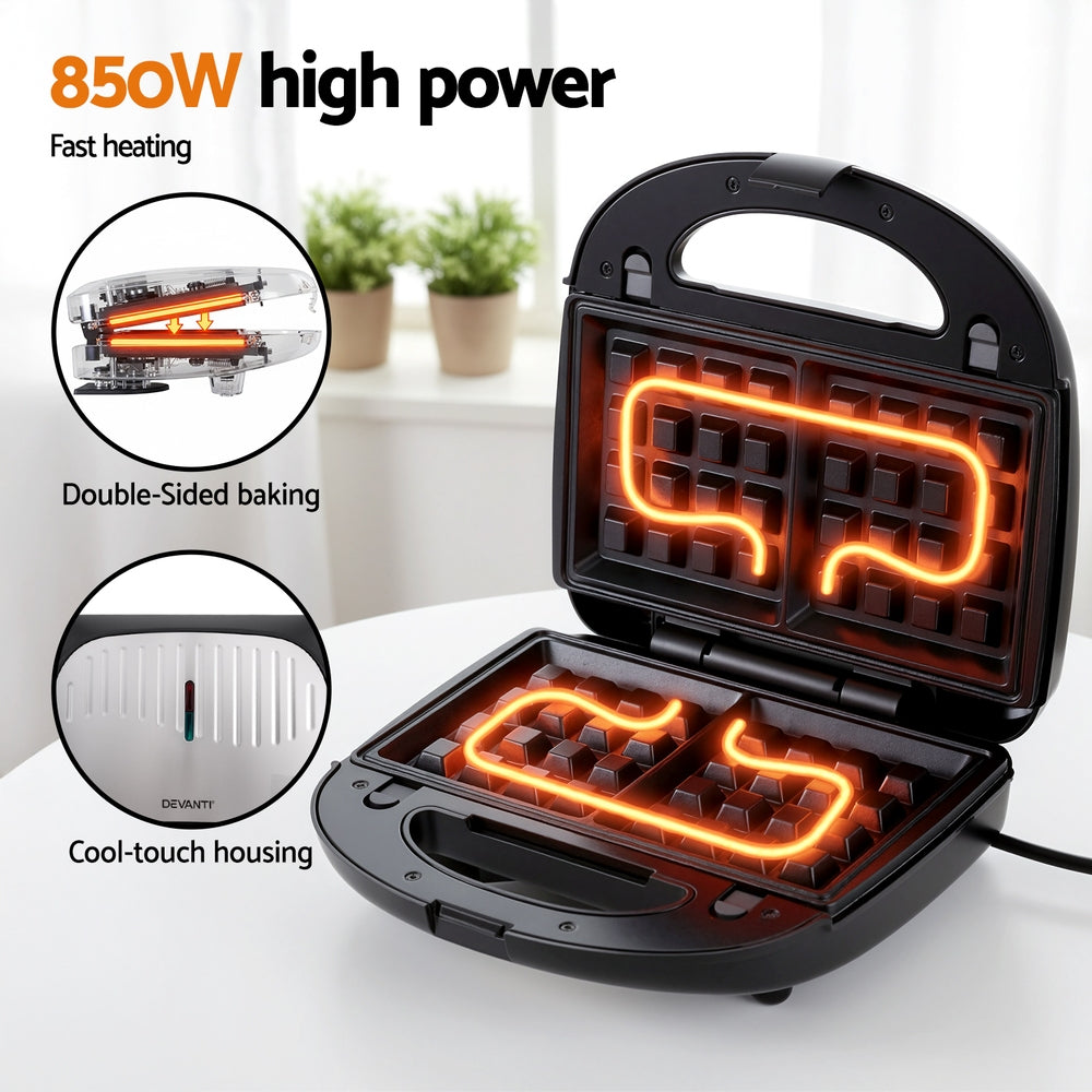 Devanti 3-in-1 Sandwich Press Waffle Maker Panini Press Grill 850W-Appliances > Kitchen Appliances > Toasters & Grills-PEROZ Accessories